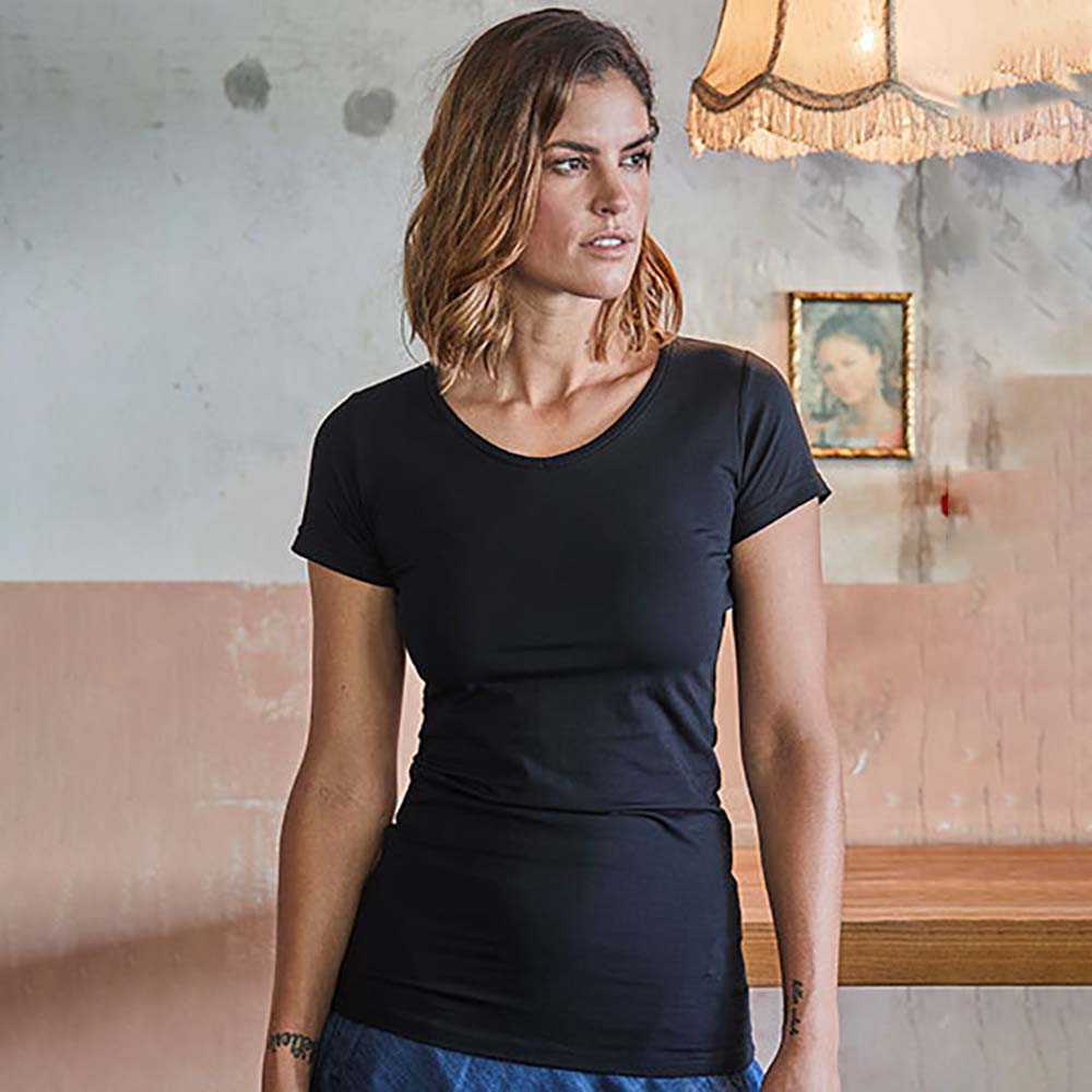 Tee Jays Ladies Stretch Extra Long VNeck Plain Short Sleeve Top T