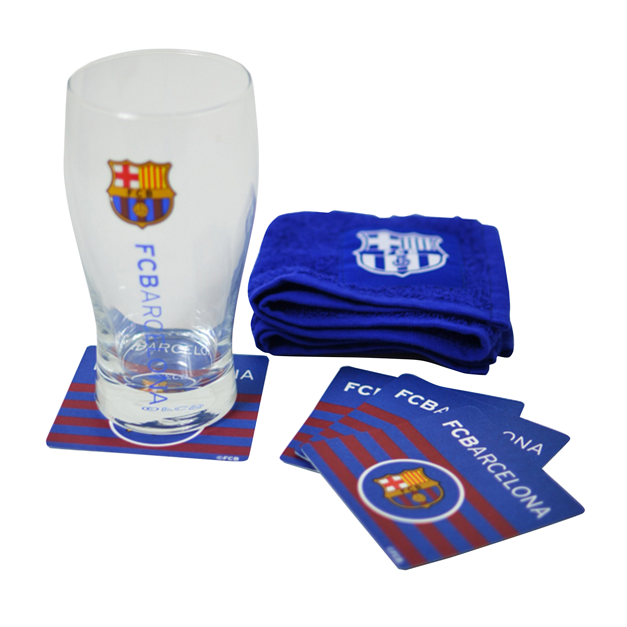 FC Barcelona Official Wordmark Mini Football Bar Set (Pint Glass, Towel